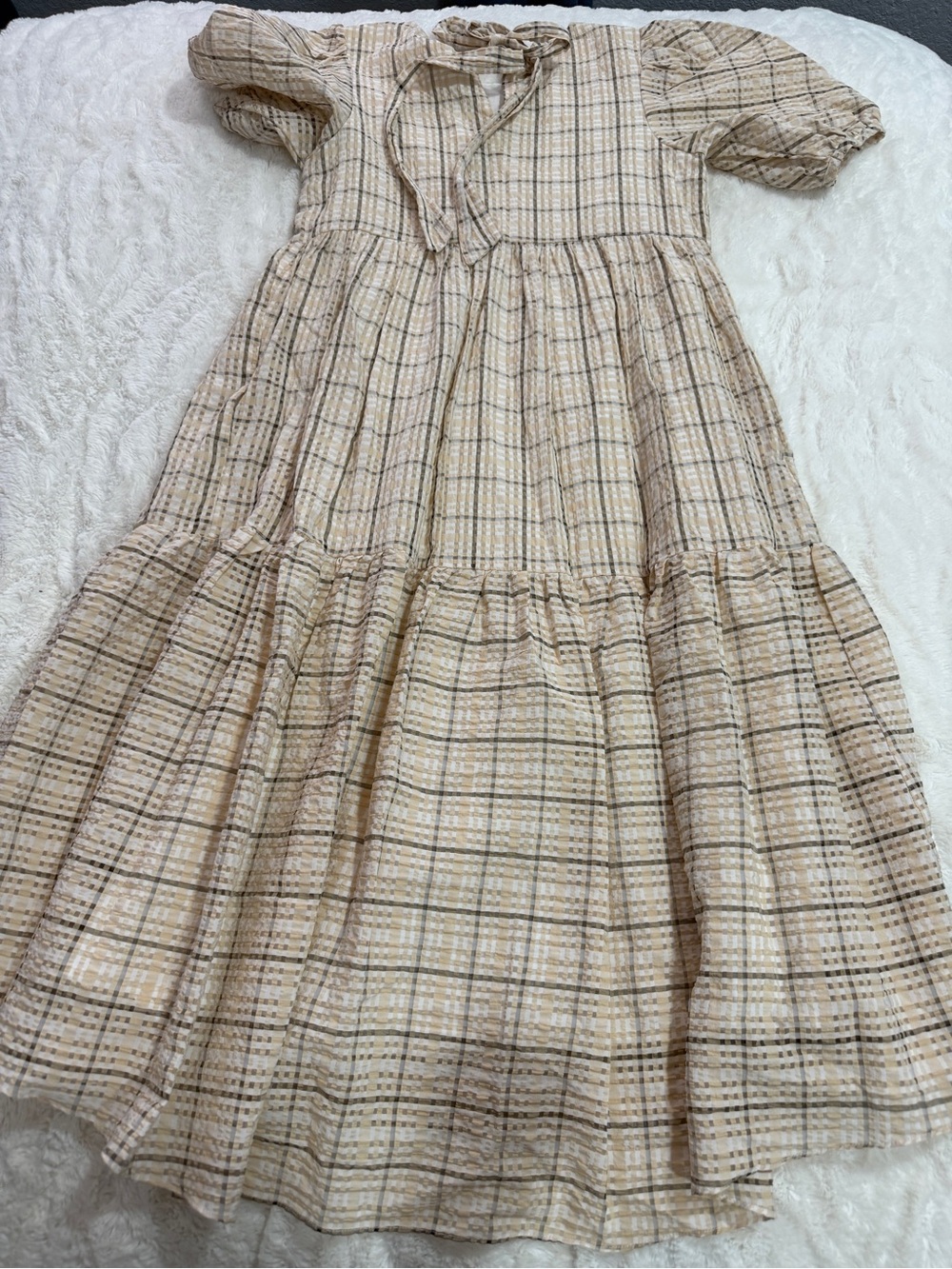 English Factory Plaid Puff Sleeve Tiered Midi Dress Small Neutral Cottagecore - Picture 7 of 7